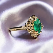 Load image into Gallery viewer, Emerald Halo Diamond Ring - Estate 10K Yellow Gold Marquise Cut Earth Mined Emerald 1/5CTTW Diamond Halo Cluster - Size 5.5 - Fine Jewelry

