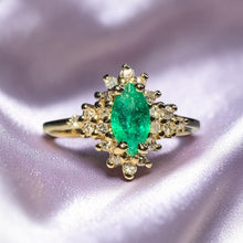 Load image into Gallery viewer, Emerald Halo Diamond Ring - Estate 10K Yellow Gold Marquise Cut Earth Mined Emerald 1/5CTTW Diamond Halo Cluster - Size 5.5 - Fine Jewelry
