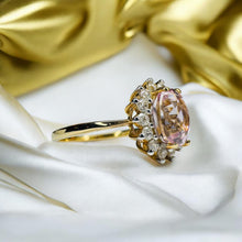 Load image into Gallery viewer, Rose De France Amethyst Halo Ring - 10K Yellow Gold Pink Amethyst 1.50CT Oval Cut Size 8.25 - 2.4g February Birthstone Fine Jewelry
