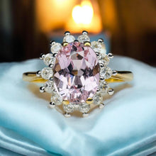 Load image into Gallery viewer, Rose De France Amethyst Halo Ring - 10K Yellow Gold Pink Amethyst 1.50CT Oval Cut Size 8.25 - 2.4g February Birthstone Fine Jewelry
