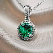 Load image into Gallery viewer, Colombian Emerald &amp; Diamond Halo Necklace - 18K White Gold Round Cut Estate Pendant - 18 Inch - 2.6g May Birthstone Fine Jewelry
