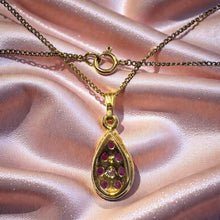 Load image into Gallery viewer, Ruby Old European Cut Diamond Cluster Necklace - Antique 14K Yellow Gold .85CT Ruby Diamond Halo Teardrop Pendant - Circa 1880 Fine Jewelry
