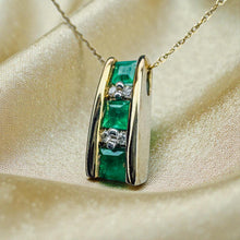 Load image into Gallery viewer, Colombian Emerald Diamond Necklace - Vintage 10K Yellow Gold Princess Square Cut 3/4cttw Tension Bar - 18 Inch May Birthstone Fine Jewelry
