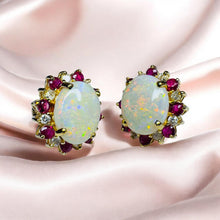 Load image into Gallery viewer, Opal Ruby Diamond Earrings - Vintage Circa 1960's 14K Yellow Gold Cabochon Halo Stud - 14.5mm 4cttw October July Birthstone Fine Jewelry
