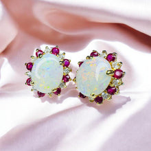Load image into Gallery viewer, Opal Ruby Diamond Earrings - Vintage Circa 1960's 14K Yellow Gold Cabochon Halo Stud - 14.5mm 4cttw October July Birthstone Fine Jewelry
