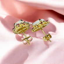 Load image into Gallery viewer, Opal Ruby Diamond Earrings - Vintage Circa 1960's 14K Yellow Gold Cabochon Halo Stud - 14.5mm 4cttw October July Birthstone Fine Jewelry
