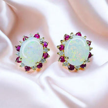 Load image into Gallery viewer, VINTAGE- 14K Gold- White Opal Ruby &amp; Diamond Earrings- 4cttw -Natural Cabochon Opal Burmese Ruby &amp; Halo Diamond Earrings- 4.1g Gift for Wife
