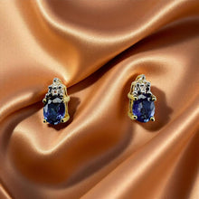 Load image into Gallery viewer, Ceylon Sapphire Diamond Earrings - 10K Yellow Gold Oval Cut Cornflower Blue Sapphires 1/2ct - September Birthstone Dainty Stud Fine Jewelry
