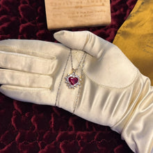 Load image into Gallery viewer, Ruby Diamond Necklace - Vintage 14K White Gold Heart Cut 3ct Pigeon Blood Ruby Double Halo - 18 Inch 4.5cttw July Birthstone Fine Jewelry
