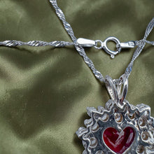Load image into Gallery viewer, Ruby Diamond Necklace - Vintage 14K White Gold Heart Cut 3ct Pigeon Blood Ruby Double Halo - 18 Inch 4.5cttw July Birthstone Fine Jewelry
