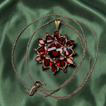Load image into Gallery viewer, Garnet Cluster Necklace - Vintage 10K Yellow Gold 10ct Natural Indian Garnet Bohemian Halo Pendant - 19 Inch January Birthstone Fine Jewelry
