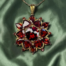 Load image into Gallery viewer, Garnet Cluster Necklace - Vintage 10K Yellow Gold 10ct Natural Indian Garnet Bohemian Halo Pendant - 19 Inch January Birthstone Fine Jewelry
