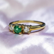 Load image into Gallery viewer, Emerald Diamond Ring - Estate 10K Yellow Gold Three Stone Colombian - Size 8 - 1/4ct Past Present Future Trilogy May Birthstone Fine Jewelry

