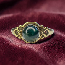 Load image into Gallery viewer, Scottish Moss Agate Solitaire Ring - Antique Victorian 10K Yellow Gold Bezel Set Celtic Ring - Circa 1890s - Size 7 - 1g Estate Fine Jewelry
