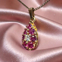 Load image into Gallery viewer, Ruby Old European Cut Diamond Cluster Necklace - Antique 14K Yellow Gold .85CT Ruby Diamond Halo Teardrop Pendant - Circa 1880 Fine Jewelry

