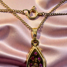 Load image into Gallery viewer, Ruby Old European Cut Diamond Cluster Necklace - Antique 14K Yellow Gold .85CT Ruby Diamond Halo Teardrop Pendant - Circa 1880 Fine Jewelry
