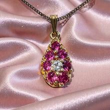 Load image into Gallery viewer, Ruby Old European Cut Diamond Cluster Necklace - Antique 14K Yellow Gold .85CT Ruby Diamond Halo Teardrop Pendant - Circa 1880 Fine Jewelry
