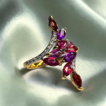 Load image into Gallery viewer, Garnet Amethyst Leaf Vine Bypass Ring - Estate 10K Yellow Gold 1.5CTTW Marquise Cut Garnet Amethyst Diamond Accents - Size 7 Fine Jewelry
