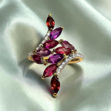 Load image into Gallery viewer, Garnet Amethyst Leaf Vine Bypass Ring - Estate 10K Yellow Gold 1.5CTTW Marquise Cut Garnet Amethyst Diamond Accents - Size 7 Fine Jewelry
