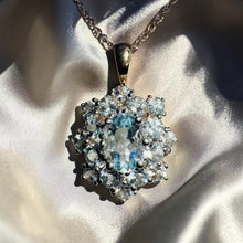 Load image into Gallery viewer, Aquamarine Cluster Halo Necklace - Vintage 10K Yellow Gold 2CTTW Natural Aquamarine Pendant - 18 Inch Chain - 2.6g March Birthstone
