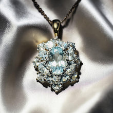 Load image into Gallery viewer, Aquamarine Cluster Halo Necklace - Vintage 10K Yellow Gold 2CTTW Natural Aquamarine Pendant - 18 Inch Chain - 2.6g March Birthstone
