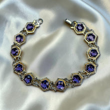 Load image into Gallery viewer, Amethyst Hexagonal Link Bracelet - Antique Art Deco 10K White Gold Handcrafted Fancy Link Chain - Circa 1920s - 7 Inch - 7.5g Fine Jewelry
