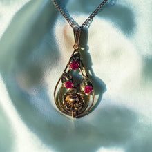Load image into Gallery viewer, ANTIQUE -10K Gold -Art Nouveau -Ruby Necklace -17" -Flower Leaf Necklace -3.1g Teardrop Pendant - Ethereal Fairytail Necklace - Victorian
