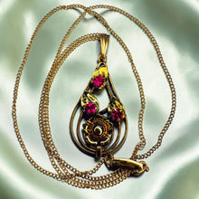 Load image into Gallery viewer, Ruby Lavalier Necklace - Antique Art Nouveau Victorian 10K Yellow Gold Flower Leaf Pendant - 17 Inch Chain - 3.1g Estate Fine Jewelry
