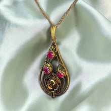 Load image into Gallery viewer, Ruby Lavalier Necklace - Antique Art Nouveau Victorian 10K Yellow Gold Flower Leaf Pendant - 17 Inch Chain - 3.1g Estate Fine Jewelry
