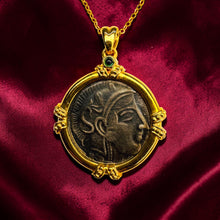 Load image into Gallery viewer, 18k Gold Ancient Goddess Athena Coin Necklace 17" Emerald Amulet 750 Gold 5.4g Owl of Athena Greek Goddess of Wisdom Priestess Pagan Pendant
