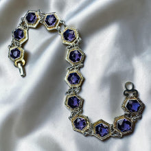 Load image into Gallery viewer, Amethyst Hexagonal Link Bracelet - Antique Art Deco 10K White Gold Handcrafted Fancy Link Chain - Circa 1920s - 7 Inch - 7.5g Fine Jewelry
