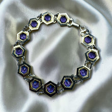 Load image into Gallery viewer, Amethyst Hexagonal Link Bracelet - Antique Art Deco 10K White Gold Handcrafted Fancy Link Chain - Circa 1920s - 7 Inch - 7.5g Fine Jewelry
