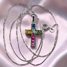 Load image into Gallery viewer, Rainbow Sapphire Cross Necklace - 10K White Gold Multi-Color Natural Sapphires - 1.5ct - 18" Chain - Faith Fine Jewelry
