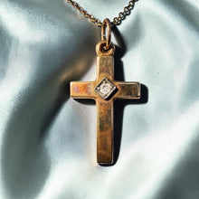Load image into Gallery viewer, Diamond Cross Necklace - Antique Victorian 10K Yellow Gold Old Mine Cut Diamond Accent Dainty Pendant - 14 Inch Chain - 1.1g Fine Jewelry
