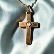 Load image into Gallery viewer, Diamond Cross Necklace - Antique Victorian 10K Yellow Gold Old Mine Cut Diamond Accent Dainty Pendant - 14 Inch Chain - 1.1g Fine Jewelry
