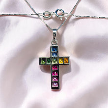 Load image into Gallery viewer, Rainbow Sapphire Cross Necklace - 10K White Gold Multi-Color Natural Sapphires - 1.5ct - 18" Chain - Faith Fine Jewelry
