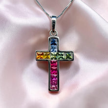 Load image into Gallery viewer, 10K White Gold Natural Sapphire Rainbow Sapphire Cross Necklace | Ceylon Sapphire 10K White Gold | Multi Color Sapphire Pendant | Christian Jewelry | Fine Jewelry Fairytale
