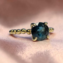 Load image into Gallery viewer, Teal Sapphire Ring in 14K Yellow Gold – .75ct Untreated Unheated Natural Greenish Blue Sapphire Round Cut Beaded Band Stacking Ring –Size 6
