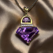 Load image into Gallery viewer, Natural Amethyst &amp; Diamond Necklace in 14K Gold -17" Chain Retro Circa 1980's Contemporary Estate 4.4g February Birthstone Fine Jewelry
