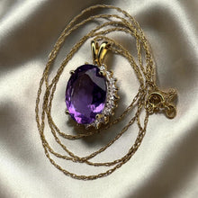 Load image into Gallery viewer, Natural Amethyst &amp; Halo Diamond Necklace – 14K Gold – 20" – Large 4.5ct Oval Cut – Vintage Estate – 3.8g –February Birthstone – Fine Jewelry
