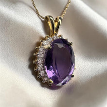 Load image into Gallery viewer, Natural Amethyst &amp; Halo Diamond Necklace – 14K Gold – 20" – Large 4.5ct Oval Cut – Vintage Estate – 3.8g –February Birthstone – Fine Jewelry
