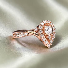 Load image into Gallery viewer, 10K Rose Gold Diamond Ring Size 7 Pear Ring Twist Shank Pave Diamonds 3/4ct Halo Diamond Ring 2.1g Wedding Ring Engagement Ring Fine Jewelry

