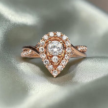 Load image into Gallery viewer, 10K Rose Gold Diamond Ring Size 7 Pear Ring Twist Shank Pave Diamonds 3/4ct Halo Diamond Ring 2.1g Wedding Ring Engagement Ring Fine Jewelry
