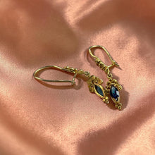 Load image into Gallery viewer, Antique Blue Sapphire Drop Earrings Estate in 14K Gold Art Nouveau Filigree Marquise Blue Sapphire Dangle Earrings 1.6g Vintage Fine Jewelry
