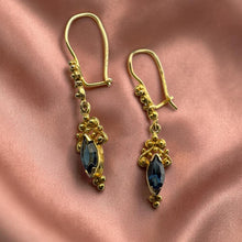 Load image into Gallery viewer, Antique Blue Sapphire Drop Earrings Estate in 14K Gold Art Nouveau Filigree Marquise Blue Sapphire Dangle Earrings 1.6g Vintage Fine Jewelry

