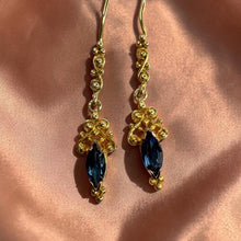 Load image into Gallery viewer, Antique Blue Sapphire Drop Earrings Estate in 14K Gold Art Nouveau Filigree Marquise Blue Sapphire Dangle Earrings 1.6g Vintage Fine Jewelry
