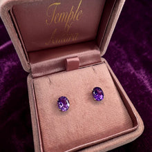 Load image into Gallery viewer, Vintage- 14K Gold Natural Amethyst Earrings Large 5CT T.W. Oval Cut Earth Mined African Amethyst 10mm Studs February Birthstone Estate
