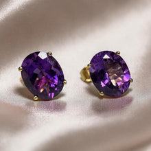 Load image into Gallery viewer, Vintage- 14K Gold Natural Amethyst Earrings Large 5CT T.W. Oval Cut Earth Mined African Amethyst 10mm Studs February Birthstone Estate

