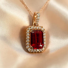 Load image into Gallery viewer, 14K Rose Gold Natural Indian Garnet &amp; Halo Diamond Necklace- 18" -2.3g Earth Mined Garnet Necklace Anniversary Gift Wife January Birthstone
