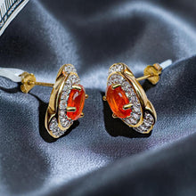 Load image into Gallery viewer, Mexican Fire Opal Diamond Earrings, 14K Yellow Gold Double Halo Drop Earrings 1.76CTTW Designer KHR, October Birthstone Anniversary Gift
